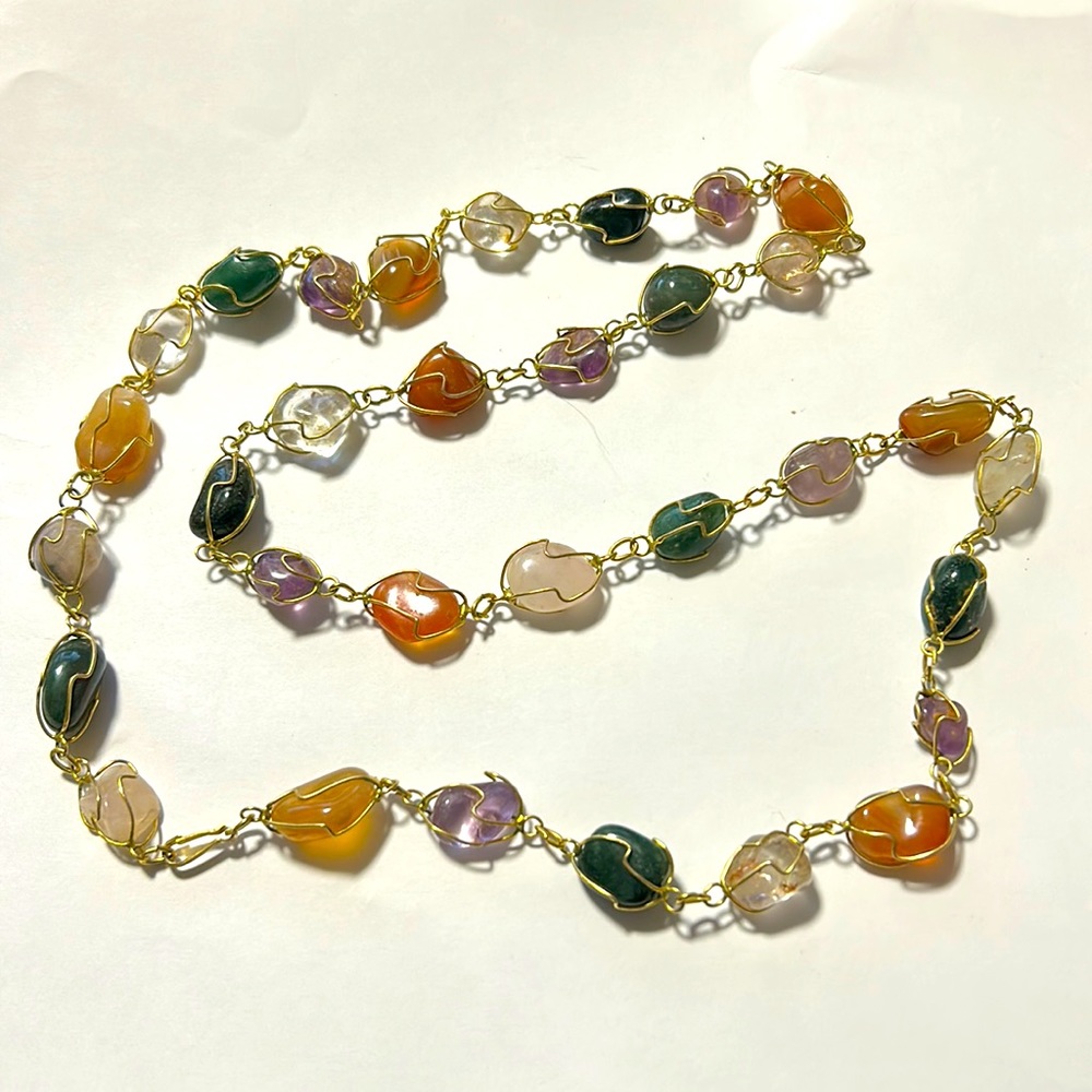 Vintage Gold Wire Wrapped Semi Precious Stone Linked Necklace  30"